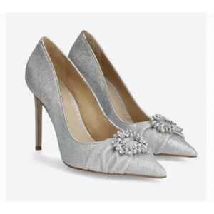 Schutz 5 Meisho Womens Rhinestone Glam Pumps Heels Silver Metallic Glitter